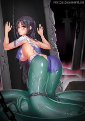 Rule 34 | 1girl, ass, black hair, blue eyes, blush, breasts, chain, facial mark, forehead mark, highres, lamia, large breasts, long hair, looking at viewer, midnight (banyex), monster girl, solo, torn clothes, xianjian qixia zhuan, zhao linger