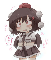 Rule 34 | 1girl, black hair, black skirt, black wings, blush, breasts, collared shirt, commentary request, cowboy shot, fingers together, hair between eyes, hat, heart, index fingers together, low wings, medium breasts, mini hat, mini wings, open mouth, pleated skirt, puffy short sleeves, puffy sleeves, red eyes, red hat, shameimaru aya, shirt, short hair, short sleeves, simple background, skirt, solo, standing, sweat, tokin hat, totoharu (kujirai minato), touhou, translation request, wavy mouth, white background, white shirt, wings