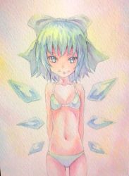 Rule 34 | 1girl, :3, acrylic paint (medium), arms behind back, bikini, blue eyes, blue hair, bow, cirno, collarbone, flat chest, graphite (medium), hair bow, hand in own hair, ice, ice wings, matching hair/eyes, navel, painting (medium), short hair, simple background, smile, solo, swimsuit, touhou, traditional media, watercolor (medium), white bikini, wings, yuyu (00365676)