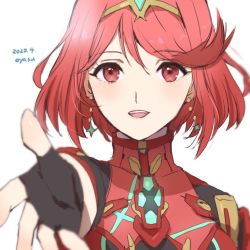 Rule 34 | 1girl, 2020, armor, black gloves, commentary request, dated, earrings, female focus, fingerless gloves, gem, gloves, hair between eyes, headpiece, jewelry, looking at viewer, matching hair/eyes, nintendo, open mouth, outstretched hand, pyra (xenoblade), red eyes, red hair, short hair, shoulder armor, smile, solo, swept bangs, tiara, upper body, xenoblade chronicles (series), xenoblade chronicles 2, yamamori kinako
