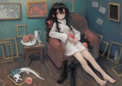 Rule 34 | 1girl, absurdres, aqua bow, armchair, barefoot, black footwear, black hair, boots, bow, chair, closed mouth, collared shirt, creature, cup, curly hair, food, fruit, gregor (tsurunoka), hair between eyes, highres, ice, ice cube, lead white (tsurunoka), legs, long hair, long sleeves, looking to the side, original, painting (object), peach, picture frame, pitcher (container), plate, shirt, sidelocks, sitting, table, toes, tsumetai (tsurunoka), unworn boots, white shirt, wide sleeves, wooden floor