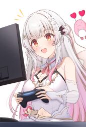 1girl :d absurdres bare_shoulders blush breasts bridal_gauntlets choppy_bangs clothing_cutout commentary_request controller daysss double_bun dualsense flower game_controller gloves gradient_hair grey_hair hair_bun hair_flower hair_ornament halterneck highres holding holding_controller holding_game_controller indie_virtual_youtuber kanikama_(suou_patra) large_breasts long_hair looking_at_screen multicolored_hair navel navel_cutout notice_lines official_alternate_costume open_mouth orange_eyes pink_hair playstation_controller side_up_bun sidelocks simple_background skirt smile solo suou_patra transparent_background virtual_youtuber white_gloves white_skirt