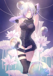Rule 34 | 1girl, arm behind head, armor, armored dress, armpits, arms up, black panties, black thighhighs, bubble, dress, dripping, eyelashes, closed eyes, fate/grand order, fate (series), flower, gloves, hair over one eye, hand on own head, highres, jh, leaf, light particles, lotus, mash kyrielight, panties, purple background, purple gloves, purple hair, short dress, short hair, smile, solo, standing, string, thigh gap, thigh strap, thighhighs, turtleneck, underwear, wading, water, waterfall