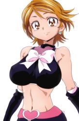Rule 34 | 00s, 1girl, alternate breast size, blonde hair, bow, breasts, brown hair, cure black, earrings, elbow gloves, futari wa precure, gloves, heart, heart earrings, jewelry, large breasts, looking at viewer, midriff, misumi nagisa, navel, oimanji, precure, short hair, simple background, sketch, smile, solo, white background