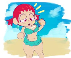 Rule 34 | 1girl, animal crossing, bare shoulders, beach, bikini, bikini skirt, blue bikini, blue sky, blush stickers, border, bottle, breasts, cleavage, cloud, day, earrings, facial tattoo, female focus, flat color, hair tie, half-closed eyes, hands up, hexanne, highleg, highleg bikini, highres, holding, holding bottle, jewelry, jpeg artifacts, large breasts, leaf print, looking down, lotion, navel, nintendo, notice lines, open mouth, outdoors, outside border, pink eyes, red hair, sand, sexually suggestive, shiny skin, short hair, sidelocks, simple background, sky, solo, standing, stomach, sunscreen, swimsuit, tattoo, teeth, tongue, twintails, villager (animal crossing), white border