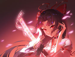 Rule 34 | 1girl, ahoge, another-m, black choker, black hair, choker, closed mouth, flower knot, gloves, hands up, highres, long hair, looking at viewer, onmyoji, red eyes, single glove, solo, sword, upper body, weapon, yaodao ji, youtou hime (onmyoji)