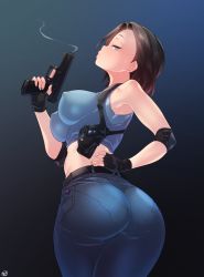 Rule 34 | 1girl, adapted costume, ass, bad id, bad pixiv id, bare shoulders, blue eyes, born-to-die, breasts, brown hair, commentary, covered erect nipples, denim, fingerless gloves, from behind, glock, gloves, gun, handgun, highres, jeans, jill valentine, large breasts, looking at viewer, midriff, pants, pantylines, resident evil, resident evil 3, resident evil 3: nemesis, resident evil 3 (remake), short hair, solo, weapon