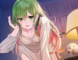 Rule 34 | 1girl, :d, bent over, black ribbon, braid, breasts, character request, check character, collarbone, commentary request, curtains, dress, green eyes, green hair, hair between eyes, hair ribbon, hand up, highres, indoors, long hair, long sleeves, looking at viewer, medium breasts, morinaka kazaki, mosomoso, multicolored hair, nijisanji, open mouth, puffy long sleeves, puffy sleeves, red hair, ribbon, smile, solo, two-tone hair, very long hair, virtual youtuber, white dress