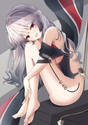 Rule 34 | 1girl, azur lane, bare shoulders, barefoot, black one-piece swimsuit, body writing, breasts, character name, long hair, looking at viewer, madotsukumo, one-piece swimsuit, red eyes, small breasts, solo, swimsuit, u-410 (azur lane)