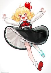 Rule 34 | &gt; &lt;, 1girl, aorin oekaki, ascot, black skirt, black vest, blonde hair, blush, collared shirt, fang, full body, hair ribbon, highres, long sleeves, open mouth, outstretched arms, red ascot, red footwear, red ribbon, ribbon, rumia, shirt, shoes, short hair, simple background, skirt, smile, socks, solo, spread arms, touhou, vest, white background, white shirt, white socks
