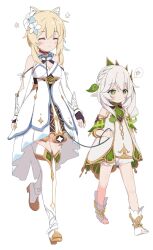 Rule 34 | 2girls, age difference, animal ears, azbchan1221, blonde hair, blush, breasts, cat ears, closed eyes, closed mouth, collar, cross-shaped pupils, detached sleeves, dress, flower, genshin impact, green eyes, grey hair, hair flower, hair ornament, highres, leaf hair ornament, leash, long hair, lumine (genshin impact), medium hair, multiple girls, nahida (genshin impact), onee-loli, pet play, pointy ears, red collar, short dress, short sleeves, small breasts, symbol-shaped pupils, thighhighs, toeless footwear, white dress, white footwear, white thighhighs