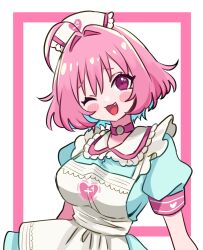 Rule 34 | 1girl, :3, ahoge, apron, aqua dress, aqua hair, armband, blush stickers, bob cut, breasts, choker, collar, colored inner hair, commentary, dress, fang, frilled apron, frilled collar, frills, hair between eyes, hair intakes, hat, heart, heart print, highres, idolmaster, idolmaster cinderella girls, idolmaster cinderella girls starlight stage, large breasts, long bangs, looking at viewer, multicolored hair, nurse cap, one eye closed, open mouth, pink armband, pink choker, pink eyes, pink hair, short sleeves, smile, solo, sparkle print, sukoyaka (100hituzi), symbol-only commentary, two-tone hair, white apron, white background, white hat, yumemi riamu