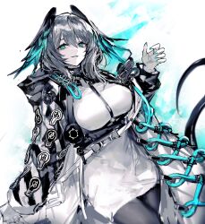 Rule 34 | 1girl, aqua eyes, aqua nails, aqua theme, arknights, black jacket, black pantyhose, breasts, chest harness, dress, grey hair, grin, harness, head wings, highres, ho&#039;olheyak (arknights), jacket, large breasts, light bulb, looking at viewer, medium hair, pantyhose, parted lips, pencil dress, remsrar, smile, solo, strap, tail, white dress, wings