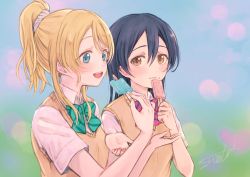 Rule 34 | 2girls, ayase eli, blue hair, bow, bowtie, eating, food, green neckwear, hair between eyes, highres, holding, holding food, ice cream, long hair, looking at another, love live!, love live! school idol project, multiple girls, open mouth, otonokizaka school uniform, ponytail, popsicle, school uniform, scrunchie, signature, sonoda umi, striped bow, striped bowtie, striped clothes, striped neckwear, suito, upper body, white scrunchie, yellow eyes