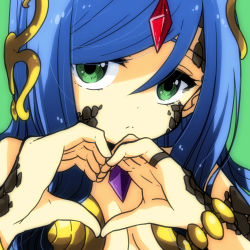 Rule 34 | 1girl, bare shoulders, bracelet, breasts, cleavage, dirt, forehead jewel, gaia (p&amp;d), gem, green background, green eyes, hair ornament, heart, heart hands, highres, jewelry, long hair, lots of jewelry, pikomarie, puzzle &amp; dragons, ring, simple background, solo, upper body