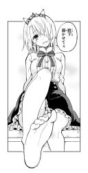 Rule 34 | 10s, 1girl, barefoot, bow, chartreux westia, feet, foot focus, hair over one eye, highres, kishuku gakkou no juliet, leg up, looking at viewer, monochrome, open mouth, panties, pantyshot, pov, sitting, skirt, smile, soles, tiara, toes, translated, underwear