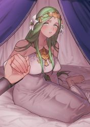 Rule 34 | 2girls, bare shoulders, barefoot, bed, blush, breasts, byleth (female) (fire emblem), byleth (fire emblem), detached sleeves, dress, fire emblem, fire emblem: three houses, flower, green eyes, green hair, hair flower, hair ornament, headpiece, highres, holding hands, ikarin, large breasts, long hair, long sleeves, multiple girls, nintendo, off-shoulder dress, off shoulder, on bed, parted lips, pov, rhea (fire emblem), sitting, solo focus, white dress, white flower