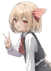 Rule 34 | 1girl, absurdres, arina stepanova, ascot, black vest, blonde hair, collared shirt, commentary, hair ribbon, highres, long sleeves, looking at viewer, red ascot, red eyes, red ribbon, ribbon, rumia, shirt, simple background, solo, touhou, upper body, v, vest, white background, white shirt