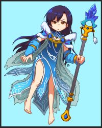 Rule 34 | 1girl, armor, barefoot, black hair, blue background, blue cape, blue dress, blue sleeves, cape, closed mouth, cosplay, crystal maiden, crystal maiden (cosplay), dota (series), dota 2, dress, edich, full body, holding, holding staff, idolmaster, idolmaster (classic), kisaragi chihaya, long hair, looking at viewer, pauldrons, red eyes, shoulder armor, solo, staff, toes, v-shaped eyebrows
