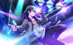 Rule 34 | 1boy, aoyagi touya, black pants, blue hair, colorful palette, dark blue hair, grey eyes, grin, highres, holding, holding microphone, hood, hooded jacket, jacket, jewelry, long sleeves, male focus, microphone, mole, mole under eye, multicolored hair, necklace, official art, open clothes, open jacket, outdoors, pants, project sekai, purple hood, short hair, smile, solo, split-color hair, teeth, third-party source, two-tone hair, zipper