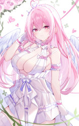 Rule 34 | 1girl, absurdres, aogiri koukou, bare shoulders, blush, bow, breasts, choker, cleavage, dress, gabu rielu, gloves, haidollo, hand up, heart, heart-shaped pupils, heart choker, highres, large breasts, long hair, looking at viewer, parted lips, pink eyes, pink hair, purple bow, sidelocks, solo, symbol-shaped pupils, thighhighs, tiara, virtual youtuber, white bow, white dress, white gloves, white thighhighs, white wings, wings