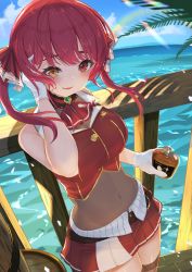 Rule 34 | 1girl, absurdres, blush, bottle, breasts, cleavage, gloves, hair ornament, haku u 0818, heterochromia, highres, holding, holding bottle, hololive, houshou marine, light rays, long hair, navel, open mouth, outdoors, pleated skirt, red hair, see-through, see-through cleavage, skirt, smile, standing, sunbeam, sunlight, twintails, virtual youtuber, water, white gloves