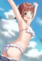 Rule 34 | 1girl, :d, absurdres, amami haruka, armpits, arms up, ass, bikini, blue sky, blunt bangs, breasts, brown hair, cloud, commentary request, commission, cowboy shot, day, dutch angle, frilled bikini, frills, from behind, green eyes, hair ribbon, highres, huge filesize, idolmaster, idolmaster (classic), looking at viewer, looking back, open mouth, outdoors, pixiv commission, red ribbon, ribbon, short hair, sideboob, sky, small breasts, smile, solo, swimsuit, wading, wanimaru, water, white bikini