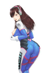 Rule 34 | 1girl, ass, blue bodysuit, blush, bodysuit, breasts, breasts out, brown eyes, brown hair, clothes writing, d.va (overwatch), facial mark, from behind, gloves, headgear, leaning forward, lips, long hair, looking at viewer, looking back, medium breasts, mezzo (orbanga21), nipples, overwatch, overwatch 1, parted lips, solo, standing, undressing, whisker markings, white gloves
