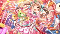 Rule 34 | 1girl, ahoge, animal costume, artist request, bow, brown eyes, brown hair, clover, confetti, dress, flat chest, floral print, flower, frills, hair bow, hair flower, hair ornament, hair ribbon, hakozaki serika, idol, idolmaster, idolmaster million live!, idolmaster million live! theater days, long hair, looking at viewer, marching band, official art, open mouth, outstretched arms, pink dress, puffy short sleeves, puffy sleeves, ribbon, short sleeves, spread arms, stage, twintails, wrist cuffs