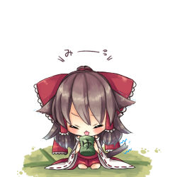 Rule 34 | 1girl, animal ears, blush, bow, brown hair, cat&#039;s tongue, cat ears, cat girl, cat tail, chibi, cup, detached sleeves, dress, closed eyes, female focus, hair bow, hair tubes, hakurei reimu, japanese clothes, kemonomimi mode, long sleeves, md5 mismatch, miko, red dress, sitting, solo, stiff tail, tail, tail raised, tatami, teacup, tongue, tongue out, touhou, translation request, trembling, yunomi, yuya (night lily)