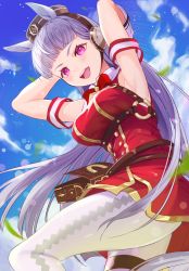 Rule 34 | 1girl, absurdres, akaike, animal ears, armpits, arms up, blue sky, blunt bangs, blurry, blush, bokeh, cloud, depth of field, from below, from side, gold ship (umamusume), grey hair, hat, highres, horse ears, horse girl, horse tail, leaf, leather bag, pantyhose, pink eyes, pouch, sky, smile, solo, tail, thigh strap, umamusume