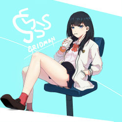 Rule 34 | 10s, 1girl, ass, black hair, black skirt, blue background, blue eyes, bored, bow, cardigan, chair, copyright name, czcz12321, drinking, drinking straw, gridman universe, half-closed eyes, hand in pocket, jacket, juice box, legs, loafers, long hair, long sleeves, looking at viewer, miniskirt, office chair, open clothes, open jacket, orange scrunchie, pleated skirt, red bow, red legwear, school uniform, scrunchie, shirt, shoes, sitting, skirt, solo, ssss.gridman, sweat, swivel chair, takarada rikka, thighs, white jacket, white shirt, wrist scrunchie