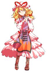 Rule 34 | 1girl, alphes (style), blonde hair, boots, dairi, dress, full body, hat, hat ribbon, highres, layered dress, mob cap, own hands clasped, own hands together, parody, ribbon, serious, solo, style parody, tabard, touhou, transparent background, yakumo yukari, yellow eyes