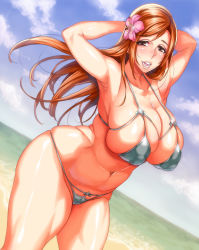 Rule 34 | 1girl, alternate costume, armpits, arms behind head, arms up, beach, bikini, bleach, blue sky, blush, breasts, brown eyes, brown hair, cleavage, cloud, collarbone, covered erect nipples, curvy, day, dutch angle, eyelashes, flower, hair flower, hair ornament, highres, hip focus, inoue orihime, large breasts, lips, long hair, looking at viewer, mature female, momofuki rio, navel, ocean, open mouth, outdoors, plump, shiny skin, skindentation, sky, smile, solo, standing, stomach, string bikini, swimsuit, thick thighs, thighs, white bikini, wide hips