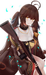 Rule 34 | 1girl, absurdres, antenna hair, battle rifle, black ribbon, blurry, blurry background, blush, brown eyes, brown hair, brown jacket, collared shirt, commentary request, depth of field, girls&#039; frontline, gun, hair between eyes, hair ribbon, head tilt, highres, holding, holding gun, holding weapon, jacket, long hair, long sleeves, looking at viewer, m14, m14 (girls&#039; frontline), name connection, object namesake, off shoulder, parted lips, petals, ribbon, rifle, ru zhai, shirt, sitting, sleeves past wrists, solo, twintails, very long hair, weapon, white background, white shirt, wide sleeves