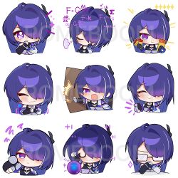 1girl acheron_(honkai:_star_rail) chibi door emoji food fruit glass honkai:_star_rail honkai_(series) jewelry peach purple_eyes purple_hair romeboom self-upload simple_background watermark white_background