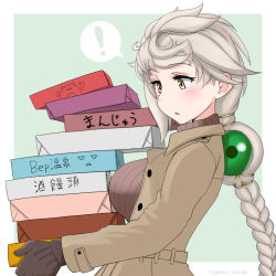 Rule 34 | !, 1girl, abyssal ship, alternate costume, blush, box, braid, braided ponytail, breasts, brown gloves, brown sweater, coat, cypress, enemy lifebuoy (kancolle), gloves, grey hair, hair ornament, holding, holding box, kantai collection, large breasts, long hair, long sleeves, simple background, single braid, solo, spoken exclamation mark, sweater, turtleneck, turtleneck sweater, twitter username, two-tone background, unryuu (kancolle), yellow eyes
