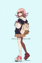 Rule 34 | 1girl, alternate costume, animal bag, backpack, bag, blunt bangs, blush, brown skirt, casual, cat bag, commentary, criis-chan, danganronpa (series), danganronpa 2: goodbye despair, flipped hair, from side, full body, grey background, hair ornament, hairclip, handheld game console, holding, holding handheld game console, hood, hood down, hoodie, jacket, kneehighs, long sleeves, looking at viewer, looking to the side, nanami chiaki, open clothes, open jacket, pink footwear, pink hair, pleated skirt, shoes, simple background, skirt, smile, sneakers, socks, solo, standing, tumblr username, white hoodie, white socks, x hair ornament
