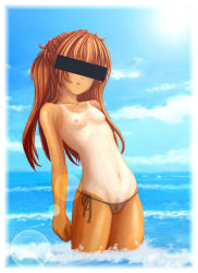Rule 34 | 1girl, artist request, bar censor, bikini, bikini bottom only, border, breasts, brown hair, censored, cloud, day, female pubic hair, flat chest, from side, groin, hair ornament, identity censor, leaning back, lens flare, long hair, looking at viewer, lowleg, lowleg bikini, navel, neon genesis evangelion, nipples, ocean, one-piece tan, orange hair, outdoors, parted lips, pointless censoring, pubic hair, pussy, pussy peek, red hair, see-through, shiny skin, side-tie bikini bottom, sky, small breasts, solo, souryuu asuka langley, sparse pubic hair, string bikini, sun, swimsuit, tan, tanline, topfreedom, topless, wading, water, waves