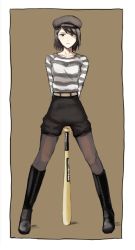 Rule 34 | 1girl, arms behind back, baseball bat, belt, boots, brown eyes, brown hair, full body, hat, high-waist shorts, high waisted pants, knee boots, legs apart, looking at viewer, ogros, original, pantyhose, shirt, short hair, shorts, simple background, solo, standing, striped clothes, striped shirt