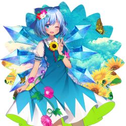 Rule 34 | 1girl, ;d, ahoge, blue dress, blue eyes, blue hair, blue ribbon, blush, bow, breasts, bug, butterfly, cirno, cloud, collarbone, collared shirt, cowboy shot, day, dress, flower, frilled shirt collar, frills, hair between eyes, hair bow, hand up, hidden star in four seasons, highres, ice, ice wings, insect, ivy, koto seori, lace, lace-trimmed collar, lace-trimmed sleeves, lace trim, leaf, legs apart, looking at viewer, neck ribbon, one eye closed, open mouth, pink flower, puffy short sleeves, puffy sleeves, purple flower, red ribbon, ribbon, see-through, shirt, short hair, short sleeves, skirt hold, sky, small breasts, smile, solo, standing, sunflower, swallowtail butterfly, touhou, v, white shirt, wings, yellow flower