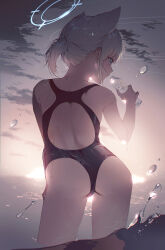 Rule 34 | 1girl, animal ear fluff, animal ears, ass, back, backlighting, blue archive, blue eyes, blue halo, bottle, cloud, drinking, fajyobore, from behind, grey sky, halo, highres, holding, holding bottle, looking to the side, one-piece swimsuit, shiroko (blue archive), shiroko (swimsuit) (blue archive), short ponytail, sky, solo, swimsuit, thighs, wading, water, wolf ears