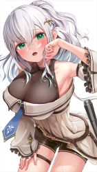 Rule 34 | 1girl, armpits, blush, breasts, cleavage, detached sleeves, green eyes, grey hair, hair between eyes, highres, hololive, large breasts, leotard, leotard under clothes, long hair, looking at viewer, necktie, open mouth, ponytail, shirogane noel, shirogane noel (5th costume), short shorts, shorts, solo, takahira (takahirac562), thigh strap, virtual youtuber, white background