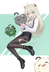 Rule 34 | 1girl, :3, :d, ahoge, animal ears, ankle boots, black footwear, black pantyhose, black shorts, blush, bolo tie, boots, breasts, collared shirt, commentary, dress shirt, ear piercing, fang, full body, grey eyes, hair between eyes, hair flaps, high heel boots, high heels, highres, hololive, jiu fanglianhua, large breasts, lion ears, lion girl, lion tail, long hair, long sleeves, official alternate costume, open mouth, pantyhose, piercing, shirt, shishiro botan, shishiro botan (button-down), short shorts, shorts, sidelocks, silver hair, smile, solo focus, ssrb (shishiro botan), straight hair, tail, thigh strap, underbust, virtual youtuber, white shirt