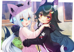 Rule 34 | 2girls, animal ear fluff, animal ears, beret, black hair, black hoodie, black ribbon, blush, braid, chocomarybadend, commentary request, fox ears, fox girl, fox shadow puppet, fox tail, green eyes, hair between eyes, hair ornament, hair ribbon, hairclip, hat, highres, holding person, hololive, hood, hoodie, light particles, long hair, long sleeves, looking at viewer, multicolored hair, multiple girls, ookami mio, ookami mio (casual), open mouth, outdoors, pentagram, red hair, ribbon, shirakami fubuki, shirakami fubuki (street), shirt, sidelocks, single braid, streaked hair, tail, two-tone hair, virtual youtuber, white hair, white shirt, window, wolf ears, wolf girl, wolf tail, yellow eyes