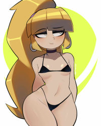 Rule 34 | 1girl, arms behind back, bikini, black bikini, blonde hair, blunt bangs, breasts, choker, commentary, contrapposto, earrings, english commentary, eyeshadow, gravity falls, green eyes, high ponytail, highres, hoop earrings, jewelry, long hair, makeup, micro bikini, pacifica northwest, postblue98, small breasts, solo, standing, swimsuit, thick thighs, thighs, twitter username, very long hair, wide hips