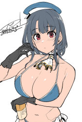 Rule 34 | 1girl, arm under breasts, beret, bikini, black gloves, black hair, blue bikini, blue hat, blush, breasts, cleavage, closed mouth, dated, gloves, happa (cloverppd), hat, holding, kantai collection, large breasts, looking at viewer, red eyes, short hair, signature, simple background, solo, swimsuit, takao (kancolle), upper body, white background