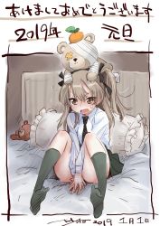Rule 34 | 1girl, artist name, bandages, bed, black necktie, black ribbon, black skirt, black socks, blush, boko (girls und panzer), brown eyes, commentary, covering privates, covering crotch, dated, food, frown, fruit, girls und panzer, hair ribbon, legs, light brown hair, long hair, looking at viewer, military, military uniform, miniskirt, necktie, nyororiso (muyaa), on bed, on head, one side up, open mouth, orange (fruit), outside border, pillow, pleated skirt, ribbon, selection university military uniform, shimada arisu, signature, sitting, skirt, socks, solo, stuffed animal, stuffed toy, sweatdrop, teddy bear, translated, uniform, v-shaped eyebrows, v arms, wing collar