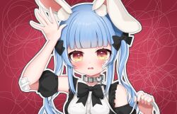 Rule 34 | 1girl, absurdres, alternate hairstyle, animal collar, animal ear fluff, animal ears, bandaid, bandaid on arm, bandaid on cheek, bandaid on face, black bow, black bowtie, black nails, black skirt, black sleeves, blunt bangs, blush, bow, bowtie, collar, commentary request, detached sleeves, highres, hololive, leash, looking at viewer, no panties, open mouth, orange eyes, puffy detached sleeves, puffy short sleeves, puffy sleeves, rabbit-shaped pupils, rabbit ears, rabbit girl, red bow, short sleeves, skirt, solo, symbol-shaped pupils, tearing up, thick eyebrows, twintails, uchuu aruku, upper body, usada pekora, virtual youtuber, yami kawaii