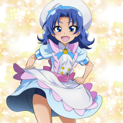 Rule 34 | 10s, 1girl, blue dress, blue eyes, blue hair, blue one-piece swimsuit, clothes lift, cowboy shot, dress, dress lift, fang, hat, kirakira precure a la mode, long hair, looking at viewer, magical girl, medium dress, nakahira guy, one-piece swimsuit, open mouth, parted bangs, precure, puffy short sleeves, puffy sleeves, short sleeves, smile, solo, standing, swimsuit, swimsuit under clothes, tategami aoi, white hat